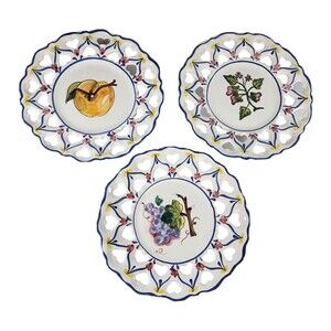 3 Hand Painted Tierra Fina Plates Reticulated Lattice Wall Hanging Portugal VTG